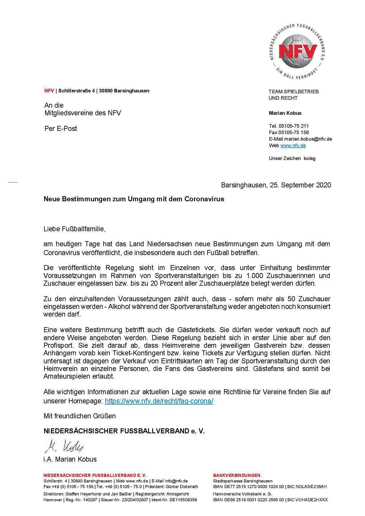 Neue Bestimmungen zum Umgang mit dem Coronavirus   Anschreiben an Vereine   25.09.2020